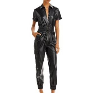 Alice + Olivia Levi Short Sleeve Faux Leather Black Cropped Jumpsuit